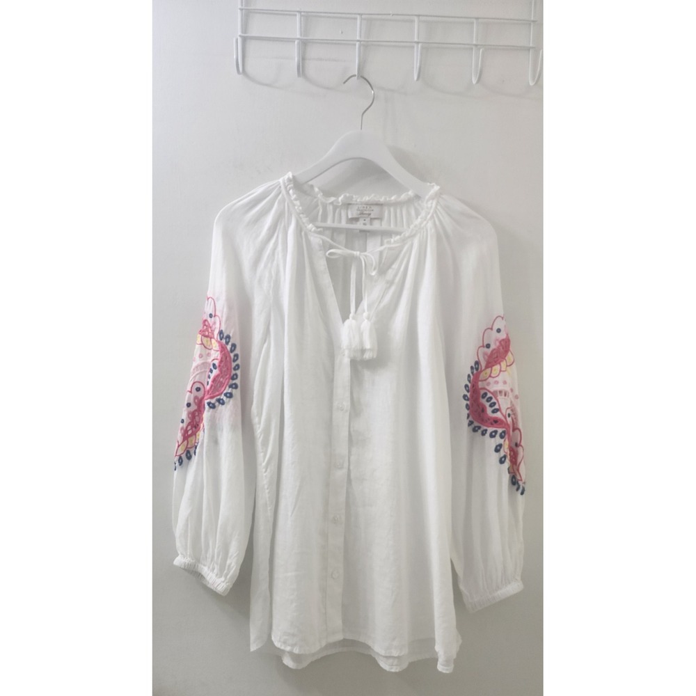 Charter Club Luxury White Linen Embroidered Peasant Blouse Tassel Tie Medium